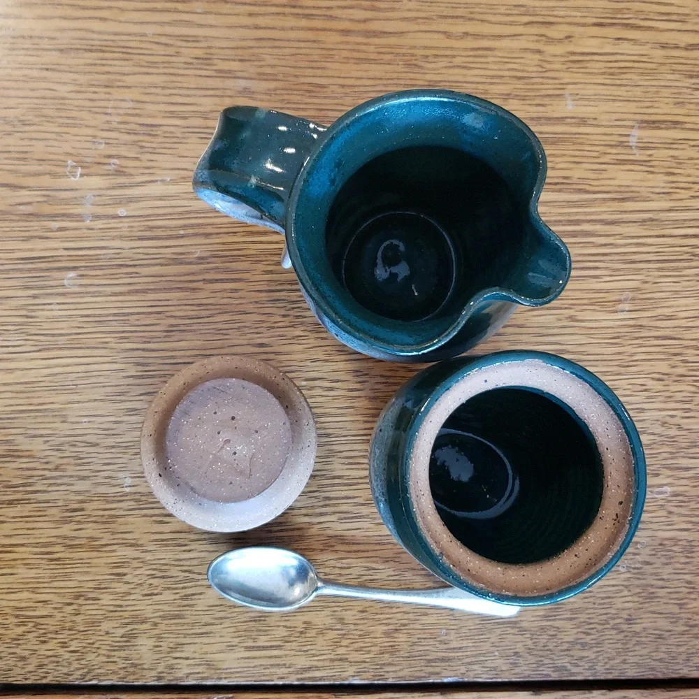 Vtg Handcrafted Stoneware Creamer and Sugar Jar With Spoon - Teal and Cream